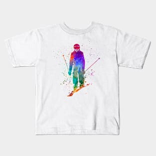 Woman skier skiing jumping  in watercolor Kids T-Shirt